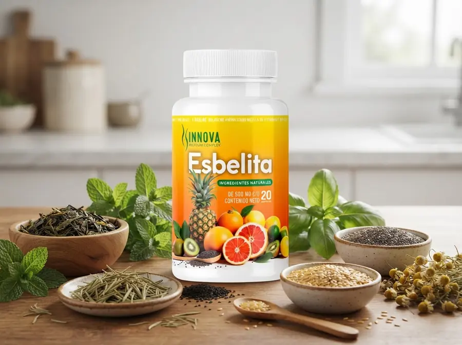 Cápsulas Esbelita junto a hierbas, semillas de linaza y chía sobre una mesa de cocina