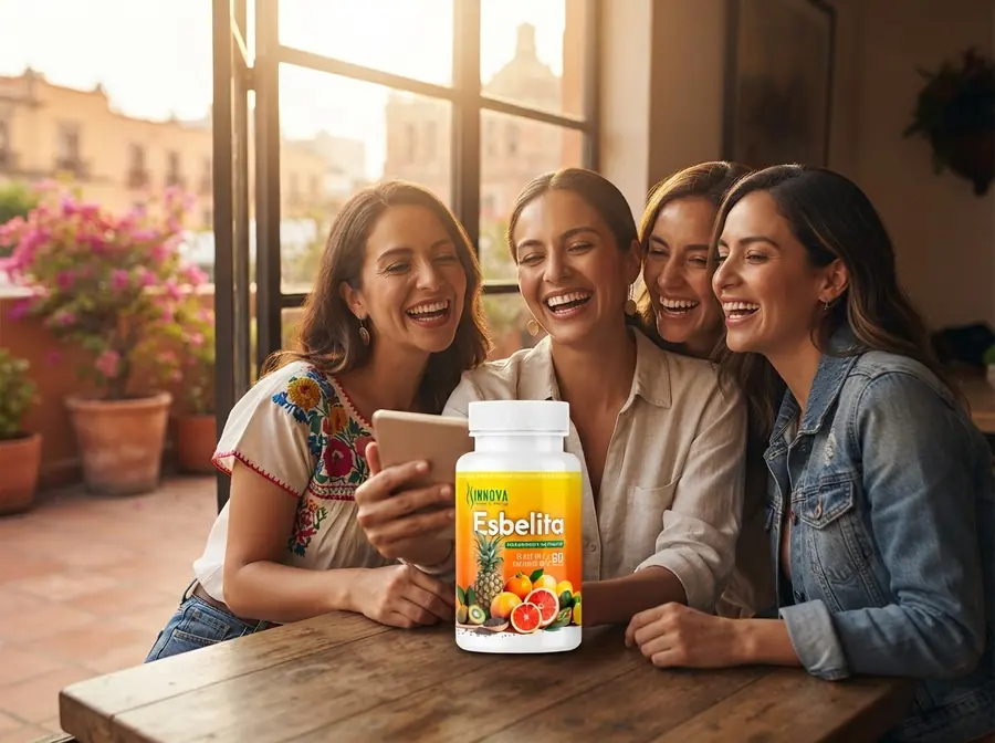 Grupo de amigas conversando en una terraza con Esbelita sobre la mesa