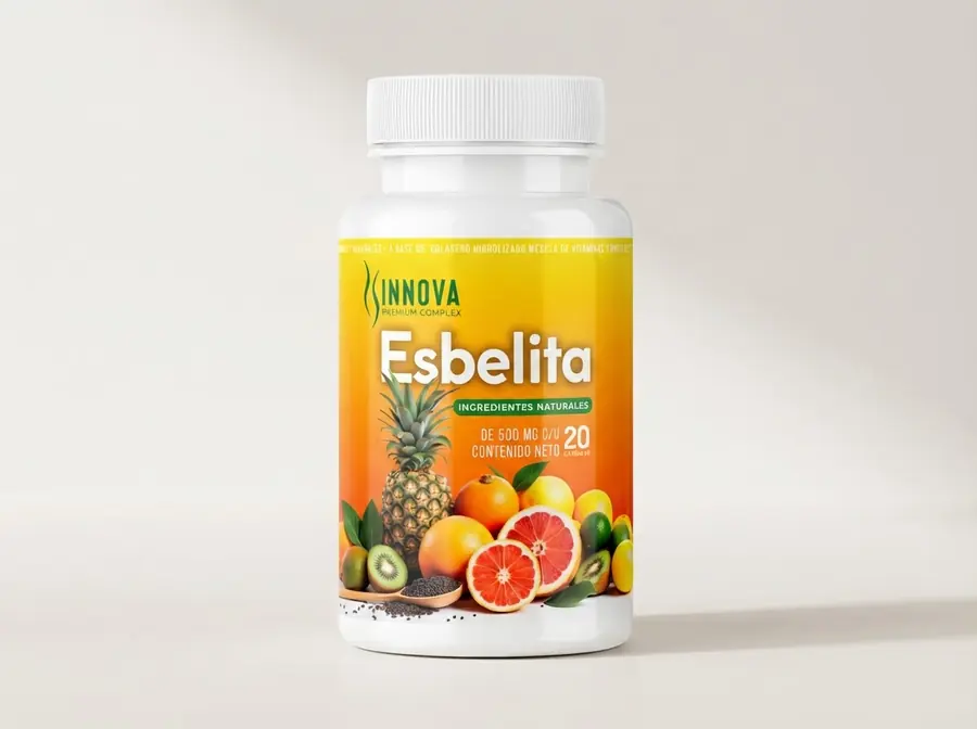 Frasco de Esbelita con 20 cápsulas sobre fondo claro