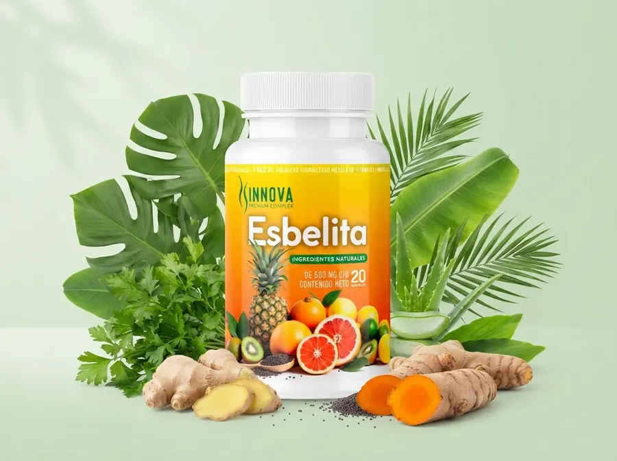 Frasco de Esbelita rodeado de plantas verdes, jengibre y cítricos frescos