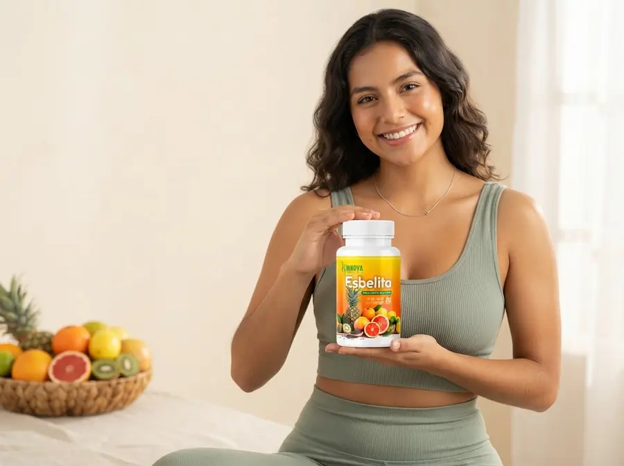 Mujer con un frutero de frutas frescas y Esbelita en la mano