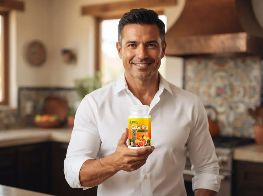 Hombre en la cocina de su casa con el frasco de Esbelita