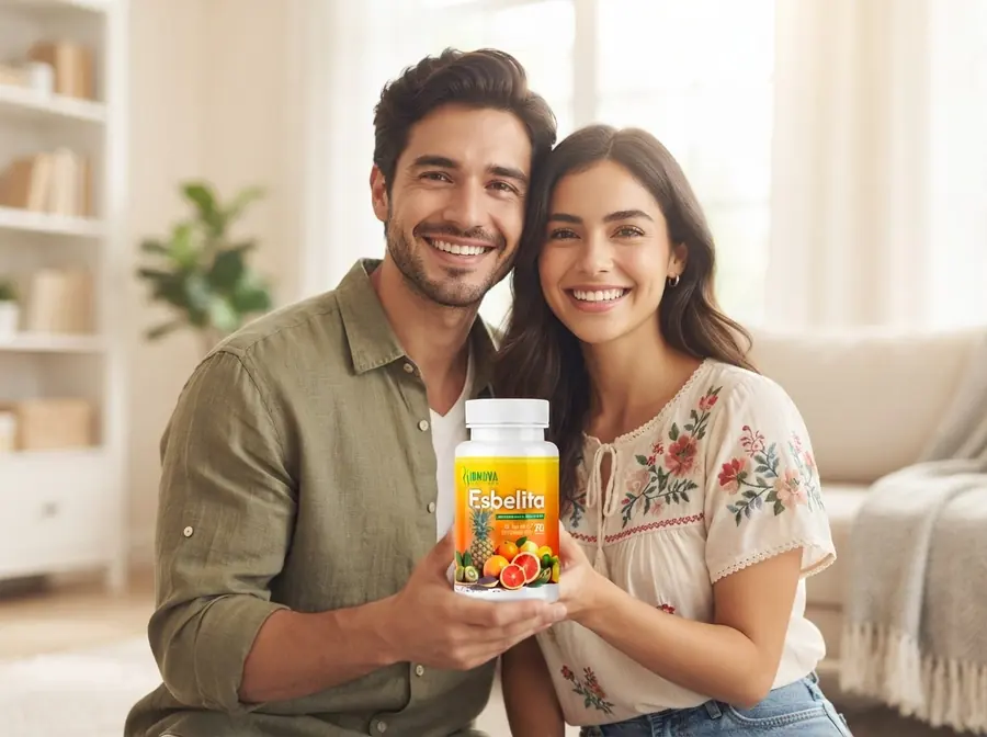 Pareja sonriente en casa sosteniendo el frasco de Esbelita