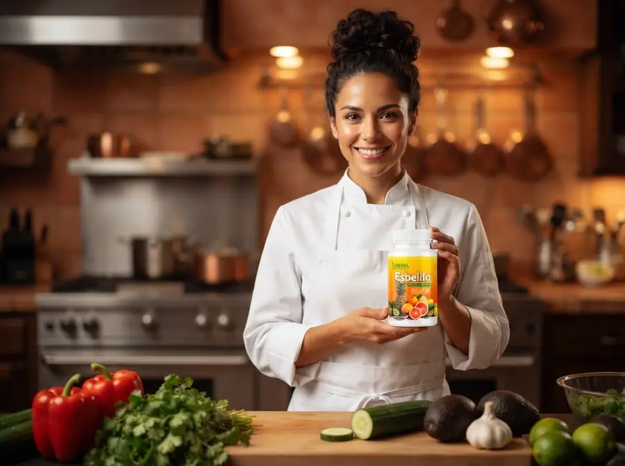 Mujer preparando verduras frescas en la cocina junto a Esbelita