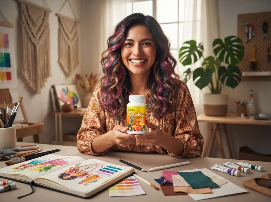 Mujer trabajando en su taller creativo con Esbelita sobre el escritorio