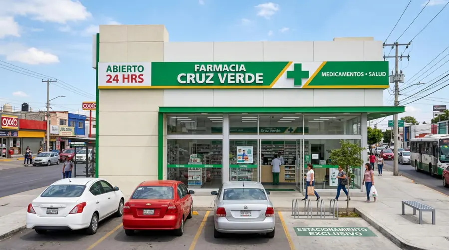 Fachada de una droguería con aviso verde y vitrina de productos