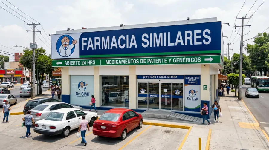 Farmacia de barrio con estantes de productos de salud
